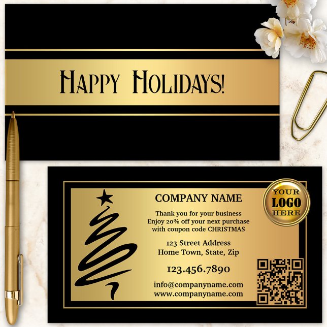 Gold Black Weihnachtsfeiertage Vielen Dank Visitenkarte (Stylish gold and black Christmas Holidays Thank You business card with a Christmas tree outline)