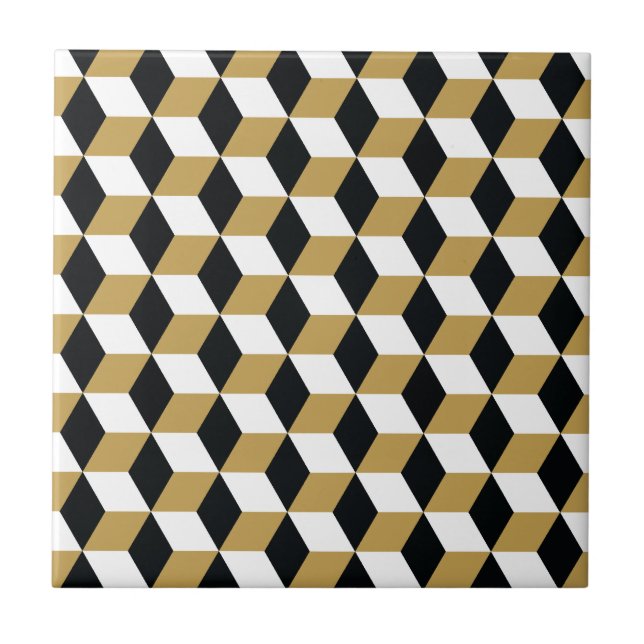 Gold Black & White 3D Cubes Muster Fliese (Vorderseite)