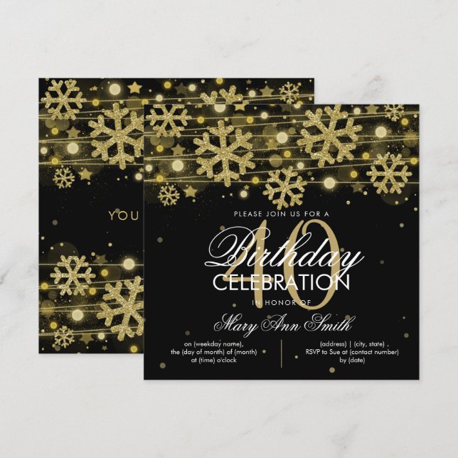 Gold Black Winter Glitzer Glam 40. Geburtstag Einladung (Vorne/Hinten)