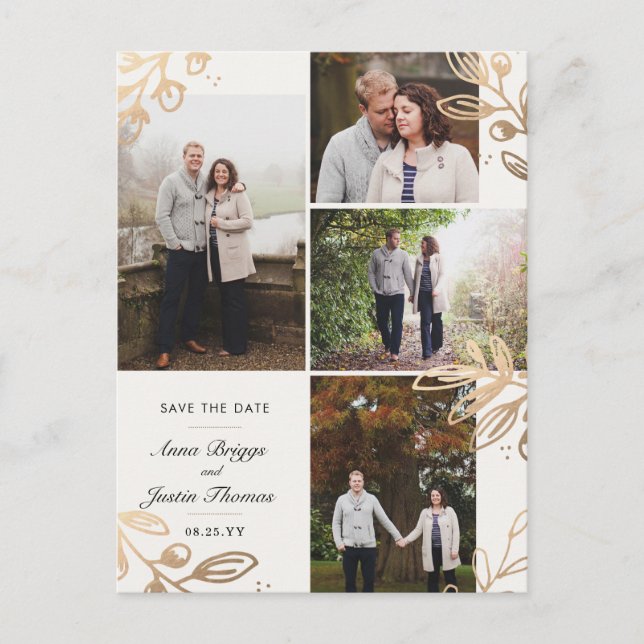 Gold Blätter 4 Foto Save the Date Ankündigungspostkarte (Vorderseite)