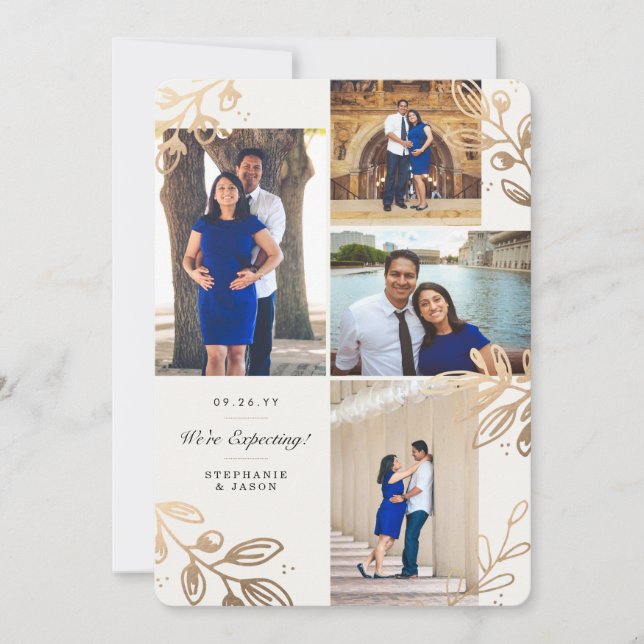 Gold Blätter 4 Foto Schwangerschaftsankündigung Ankündigung (Vorderseite)