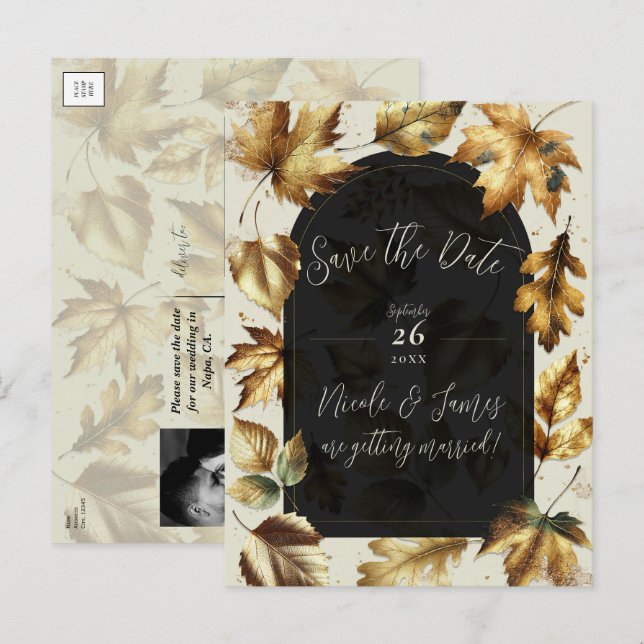Gold Blätter Almond & Beige Black Glam Hochzeit im Ankündigungspostkarte (Vorne/Hinten)