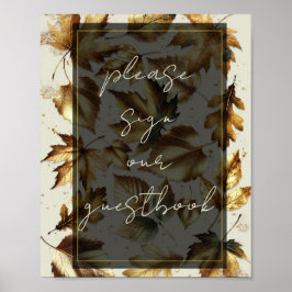 Gold Blätter Almond Beige & Black Guestbook Sign Poster