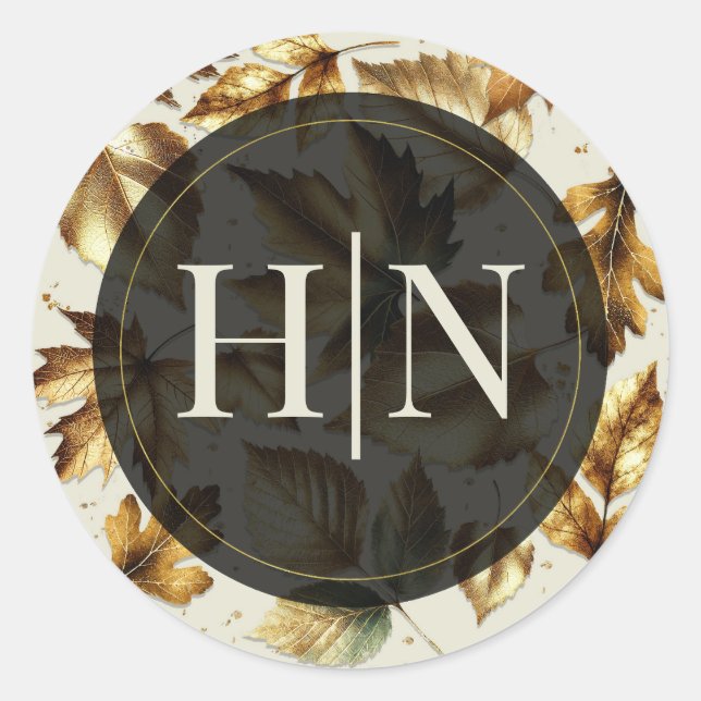 Gold Blätter Almond Beige Creme Black Hochzeit im  Runder Aufkleber (Vorderseite)