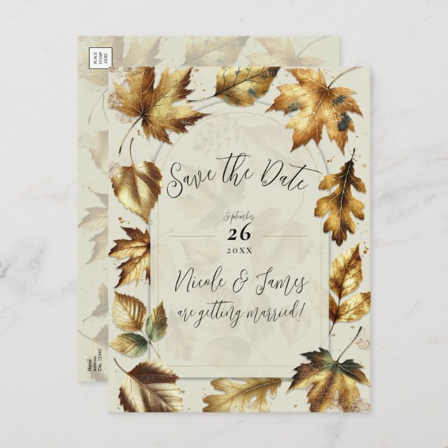 Gold Blätter Almond Beige Creme fällt Save the Dat Ankündigungspostkarte (Vorne/Hinten)