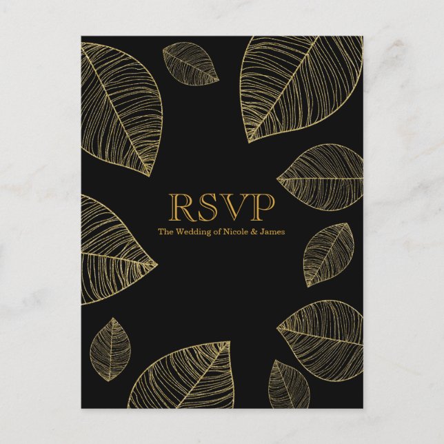 Gold Blätter auf Black Elegant Wedding RSVP Card Einladungspostkarte (Vorderseite)