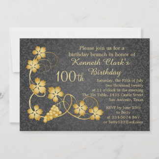 Gold Blätter auf Reben, Graudamast 100. Geburtstag Einladung