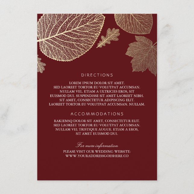Gold-Blätter Burgundy-Hochzeitdetails - Informatio Begleitkarte (Vorderseite)