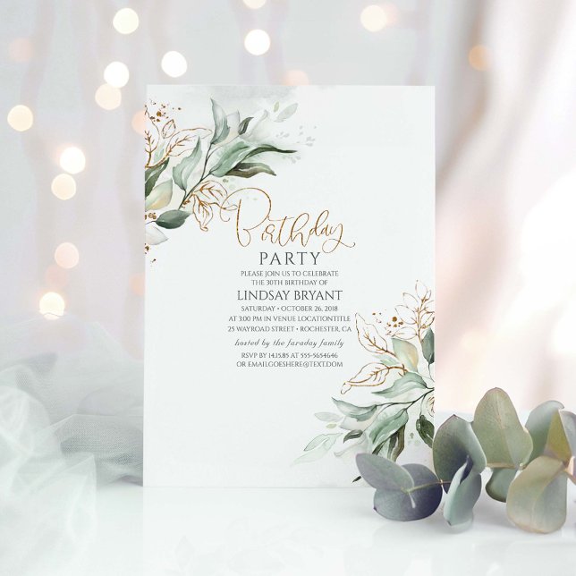 Gold Blätter Eukalyptus Greenery Niedliche Geburts Einladung (Greenery Birthday Invitation)