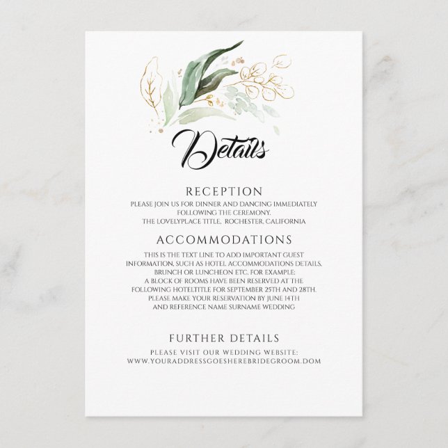 Gold Blätter & Eukalyptus Grüne Hochzeitsstimmung Begleitkarte (Vorderseite)