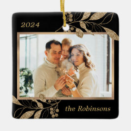 Gold Blätter Family Foto Black Christmas Keramikornament