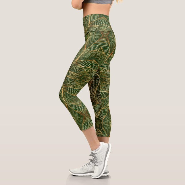 Gold Blätter Forest Green Elegantes Muster Capri Leggings (Links)