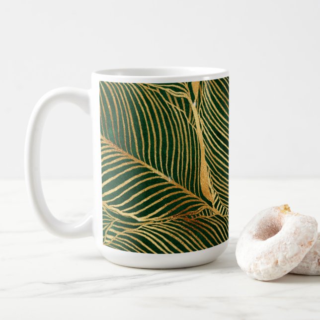Gold Blätter Forest Green Elegantes Muster Kaffeetasse (Mit Donut)