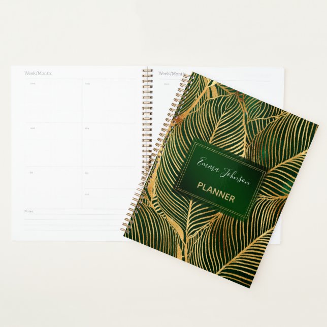 Gold Blätter Forest Green Elegantes Muster Planer (Anzeige)