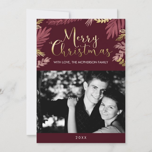 Gold Blätter Frohe Weihnachts-Foto Feiertagskarte (Vorderseite)