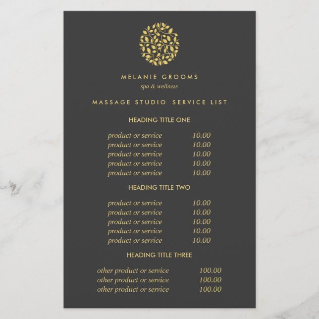 Gold Blätter Graue Wellness-Center- und Massagepre Flyer (Vorne)