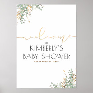 Gold Blätter Grüne Elegante Babydusche Willkommen Poster