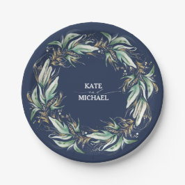 Gold Blätter Grüne Navy Blue Wedding Pappteller