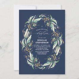 Gold Blätter Grüne Wreath Navy Blauer Taufe Einladung