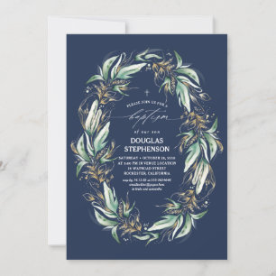 Gold Blätter Grüne Wreath Navy Blauer Taufe Einladung