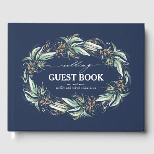 Gold Blätter Grüne Wreath Navy Blue Wedding Gästebuch