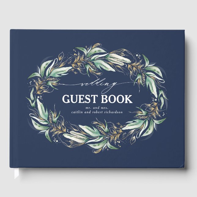 Gold Blätter Grüne Wreath Navy Blue Wedding Gästebuch (Vorderseite)