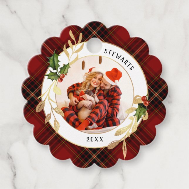 Gold Blätter, Holly & Foto auf Weihnachten Tartan Geschenkanhänger (Vorderseite)