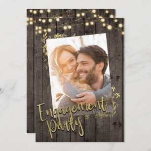 Gold Blätter Lights Rustikale Dunkelholz-Verlobung Einladung