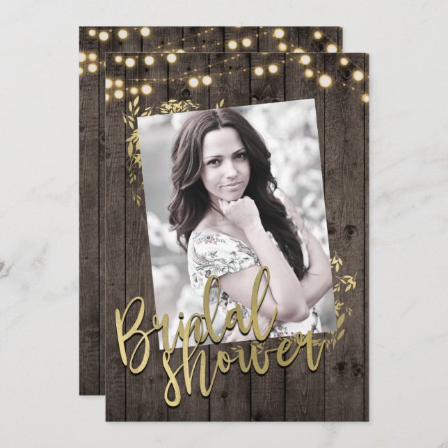 Gold Blätter Lights Rustikales Dunkles Holz Brautp Einladung (Vorne/Hinten)