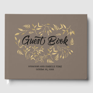 Gold Blätter mit Schwarztext auf Taupe Wedding Gästebuch