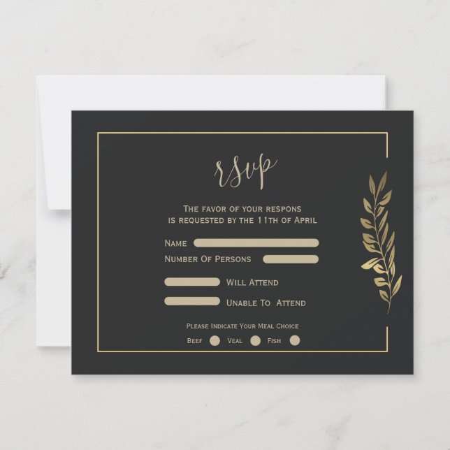 Gold Blätter Moderne Schwarze Hochzeit RSVP Karte (Vorderseite)
