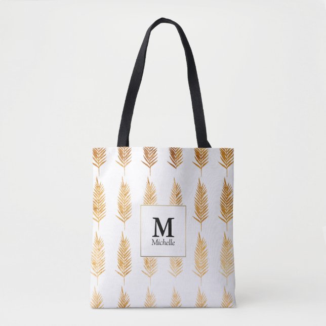 Gold Blätter Muster Monogram Tote Bag (Vorderseite)