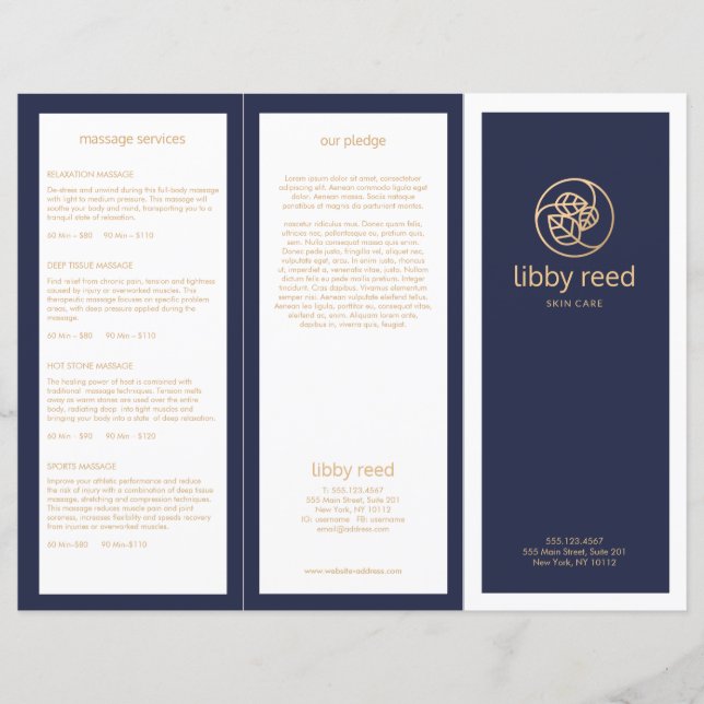 Gold Blätter SkinCare Wellness-Center TriFold Navy (Vorderseite)