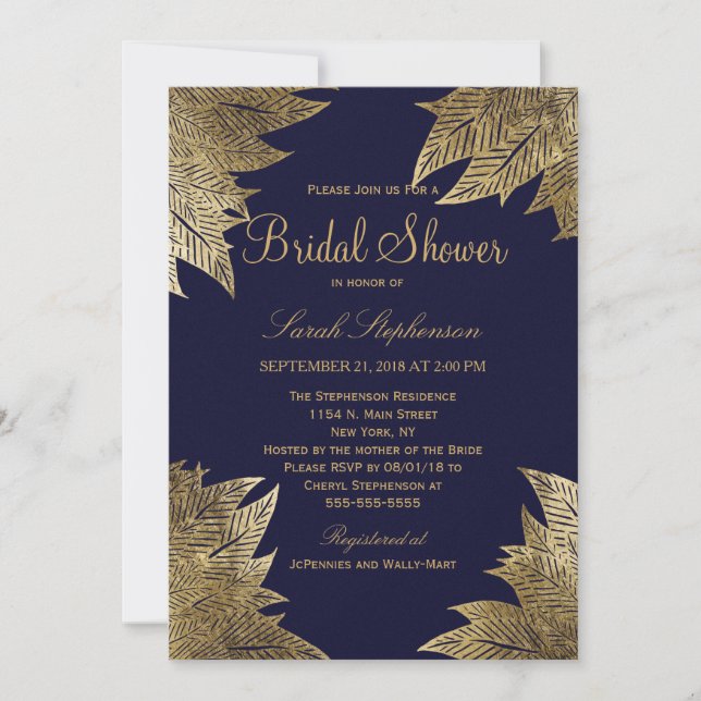 Gold Blätter über Navy Blue Bridal Duwer Einladung (Vorderseite)