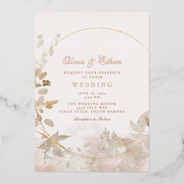 Gold Blätter und Frame Wedding Folieneinladung (Vorderseite)