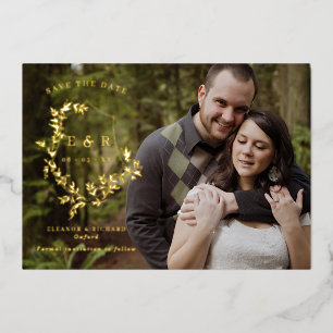Gold-Blätter Wappen Monogram-Foto Save the Date Folieneinladung