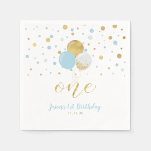 Gold & Blau   Balloons, Confetti Junge 1. Geburtst Serviette