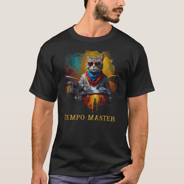*~* GOLD BLAU Coole Katze AP91 DRUMMER T-Shirt (Vorderseite)
