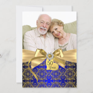 Gold Blau Damast & Schleife Foto 50. Hochzeitstag Einladung