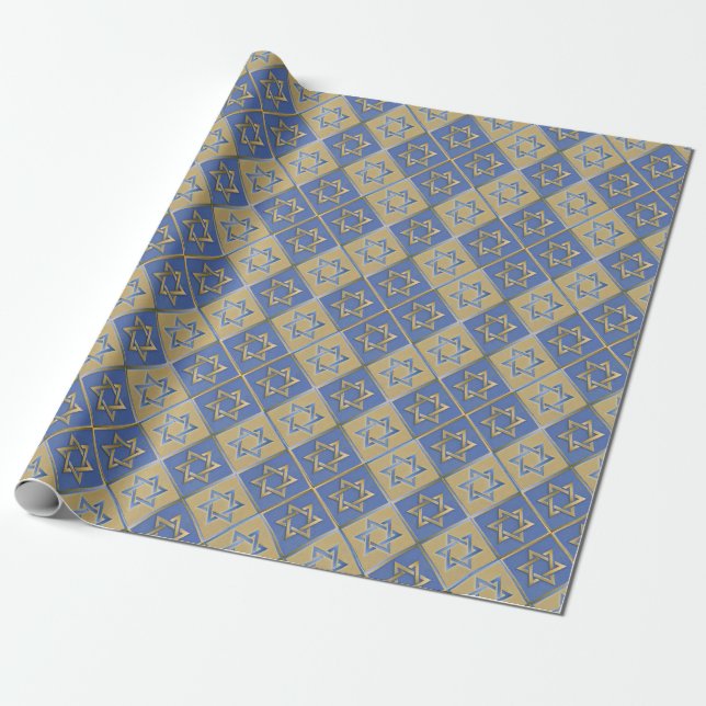 Gold Blau Davidstern-Kunstpaneele Geschenkpapier (Ungerollt)