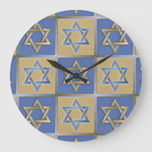 Gold Blau Davidstern-Kunstpaneele Große Wanduhr