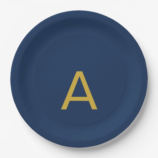 Gold & Blau Farbiges Monogramm Professioneller Anf Pappteller (Vorderseite)