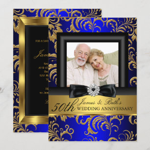 Gold Blau Florales Foto 50. Hochzeitsjubiläum Einladung