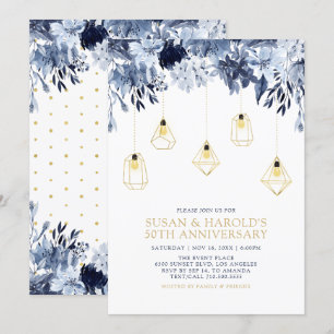 Gold & Blau Lichter, Florale Hochzeitsjubiläumsf Einladung