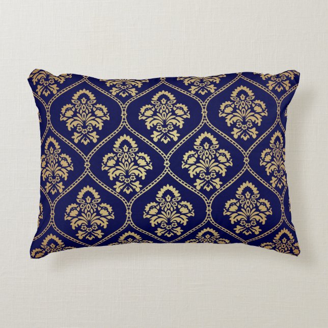 Gold & Blau: Luxus Damask Dekokissen (Vorderseite)