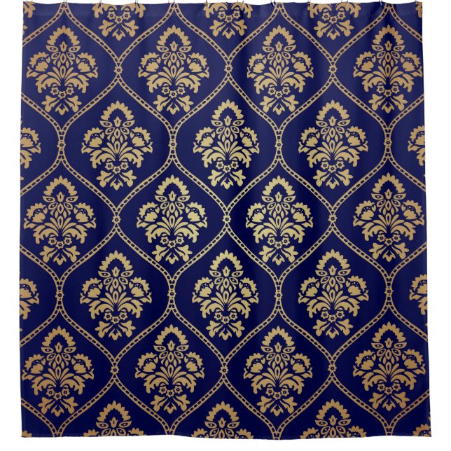 Gold & Blau: Luxus Damask Duschvorhang (Vorderseite)