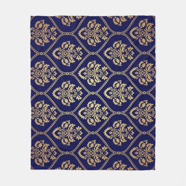 Gold & Blau: Luxus Damask Fleecedecke (Vorderseite)