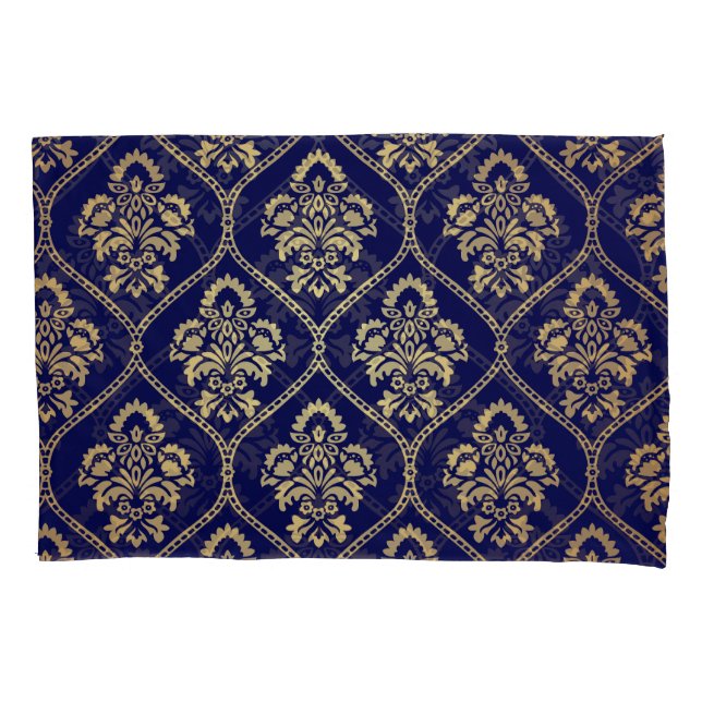Gold & Blau: Luxus Damask Kissenbezug (Vorderseite)