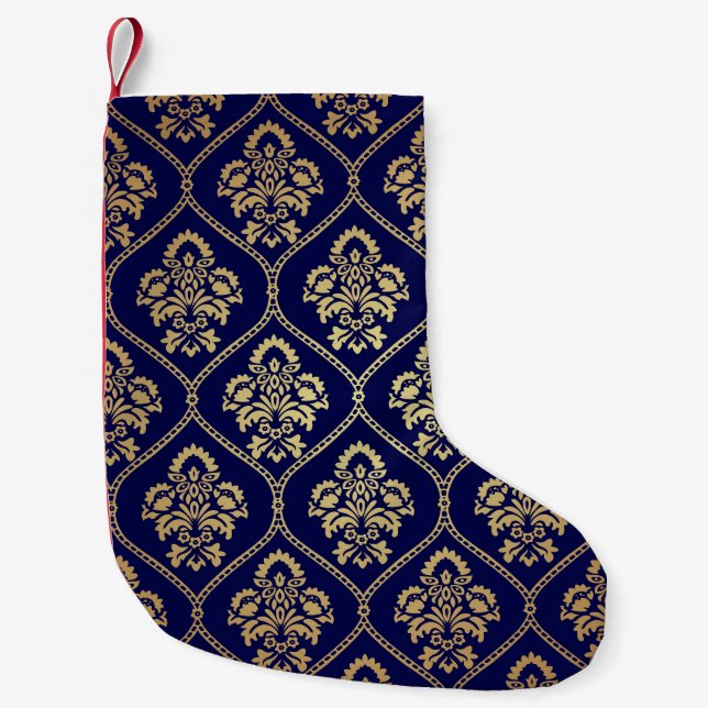 Gold & Blau: Luxus Damask Kleiner Weihnachtsstrumpf (Vorderseite)