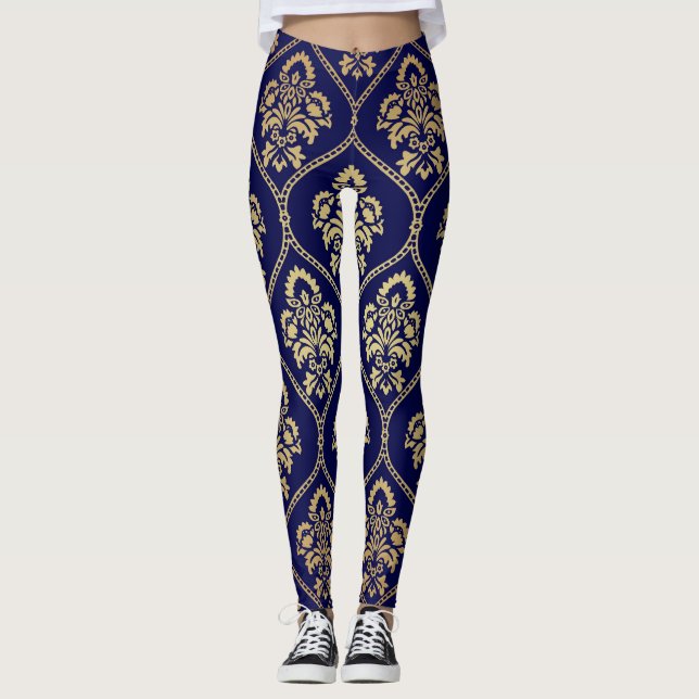 Gold & Blau: Luxus Damask Leggings (Vorderseite)